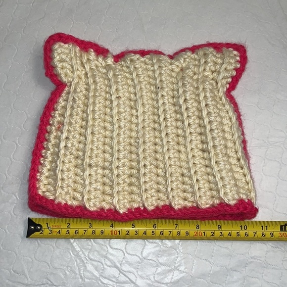 Hand knit super soft ivory and hot pink kitty hat OS main image 2